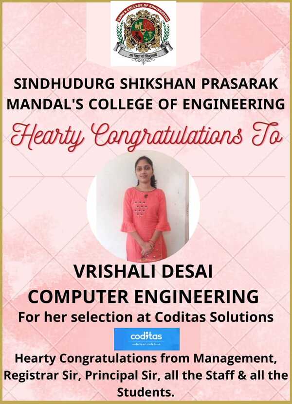 Ms. Vrishali Desai - Congratulations for selection in Coditas Solutions