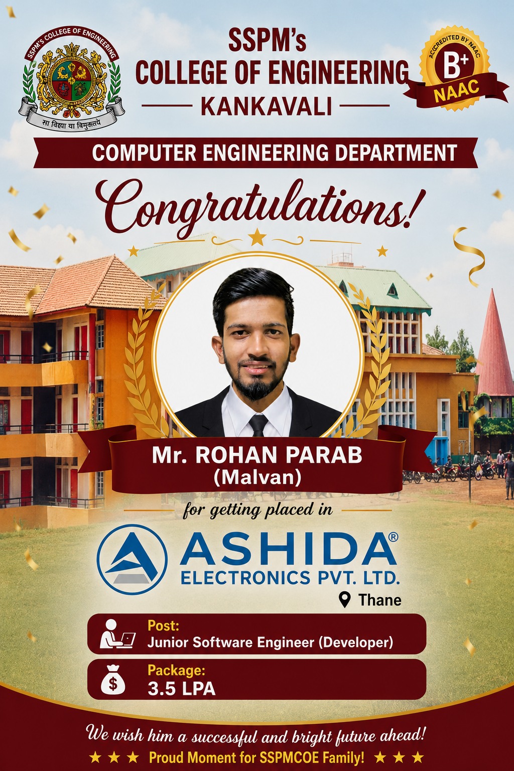 Congratulations for placement in ASHIDA ELECTRICAL PVT.LTD.